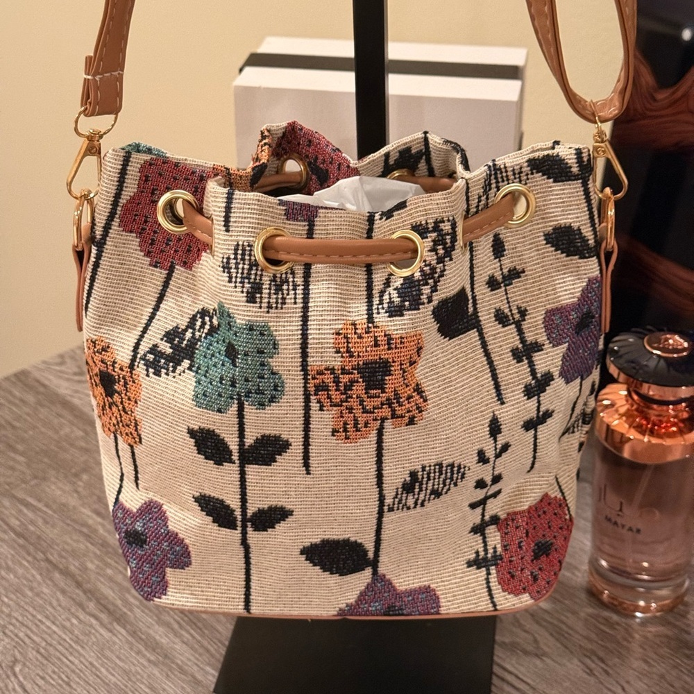 Floral Pattern Fabric Drawstring Small Beige Bohe… - image 2